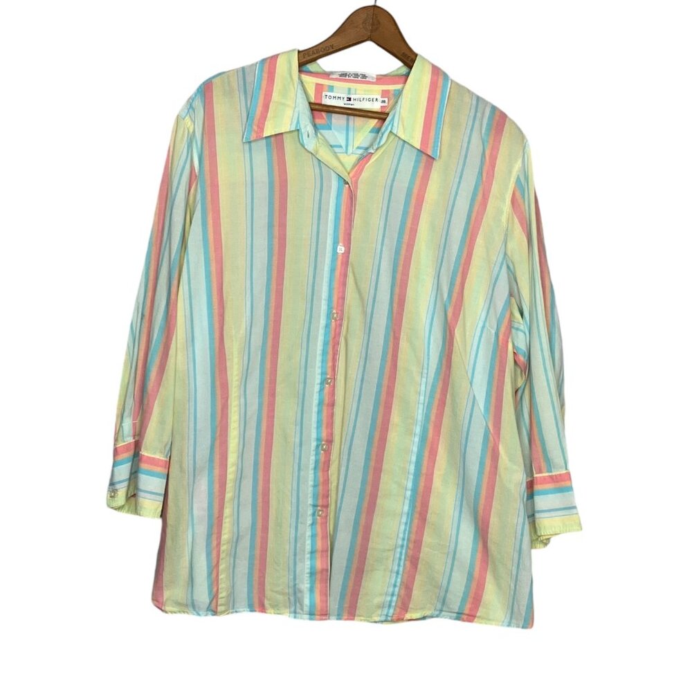 Vintage 90s 00s Tommy Hilfiger Woman Size 20 Striped Button Down Shirt Top Plus